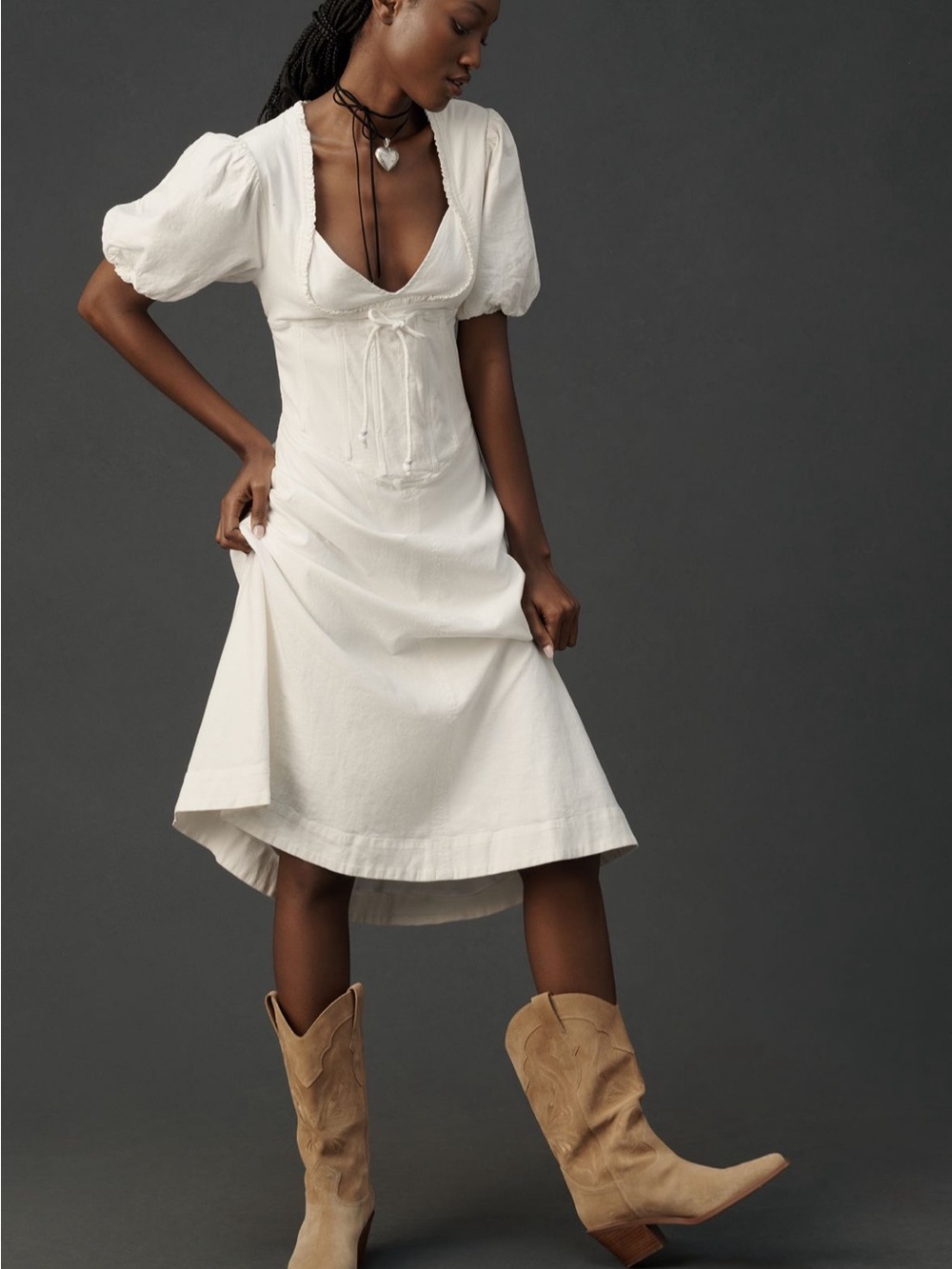 Maeve Puff Sleeve Corset Linen Midi Dress